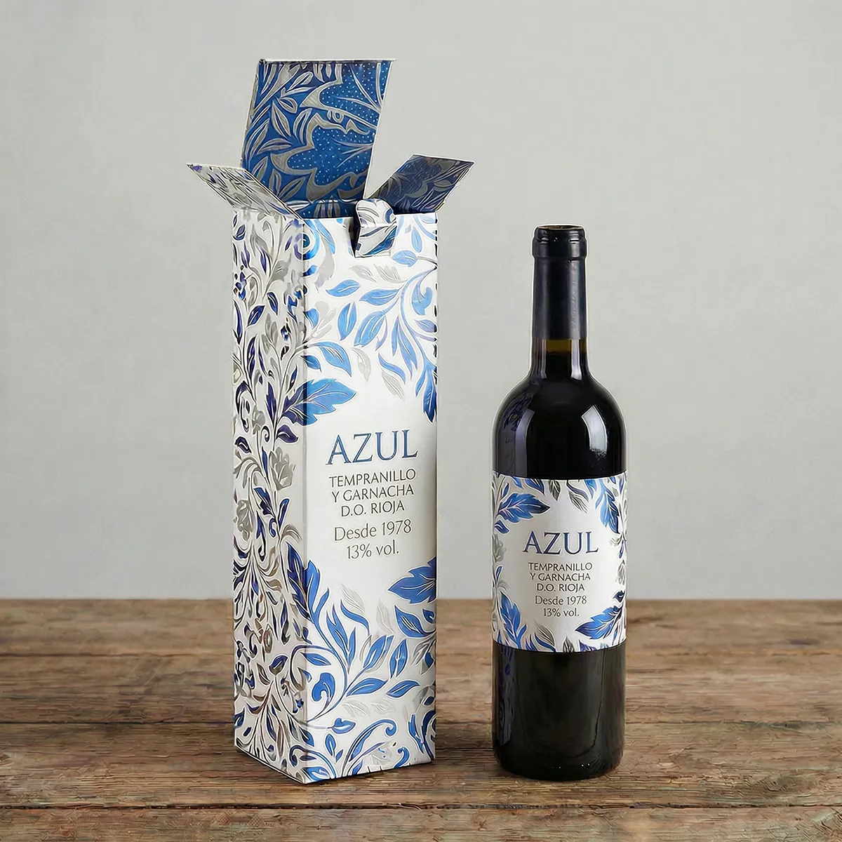 Caja porta botella personalizada para packaging, regalos y presentación de producto