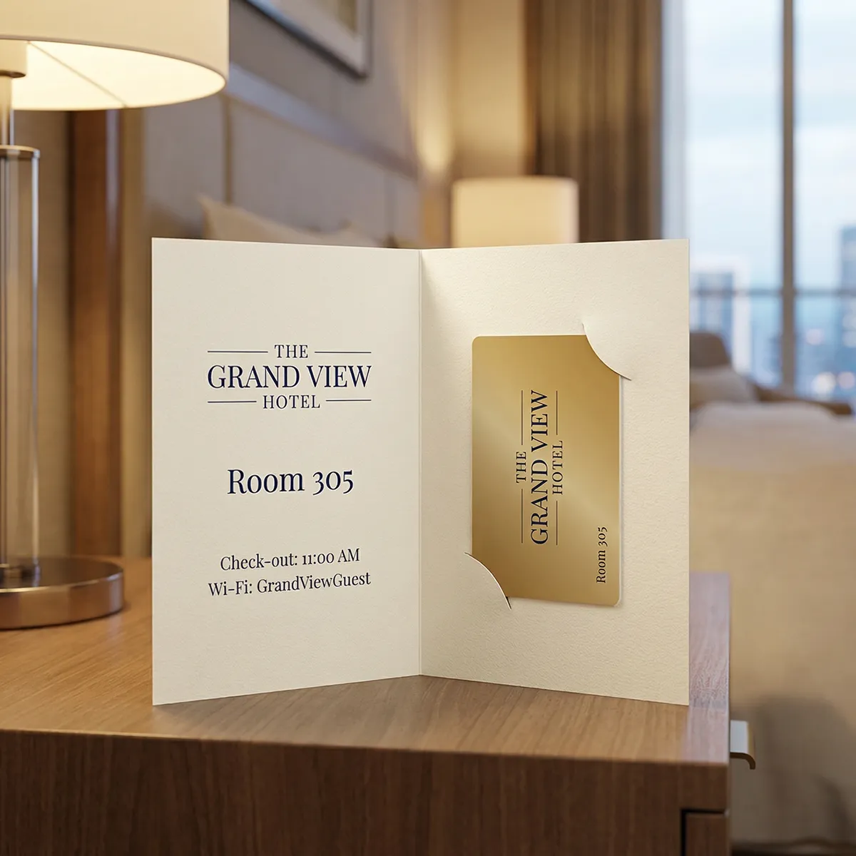 Díptico tarjeta de habitación personalizado para hoteles, eventos y servicios de alojamiento