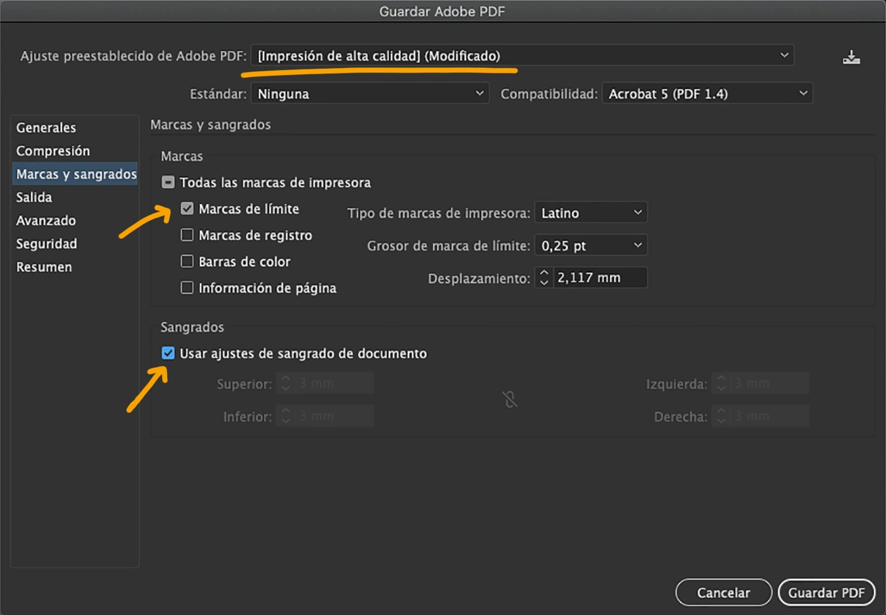 Exportación de PDF de alta calidad con marcas y sangrado