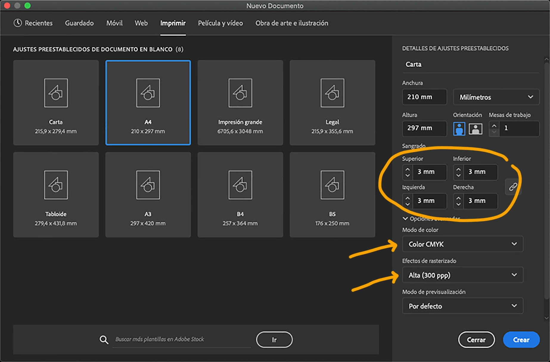 Configuración de documento con 3 mm de sangrado en Illustrator