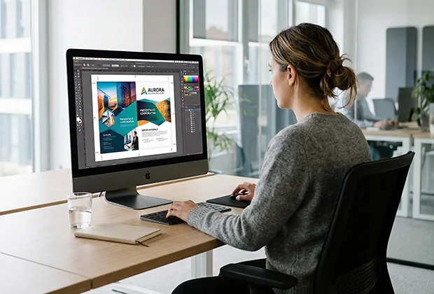 Diseñadora preparando un archivo gráfico para impresión profesional